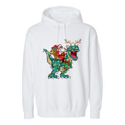 Santa Riding Dinosaur T rex Deer  Christmas Garment-Dyed Fleece Hoodie