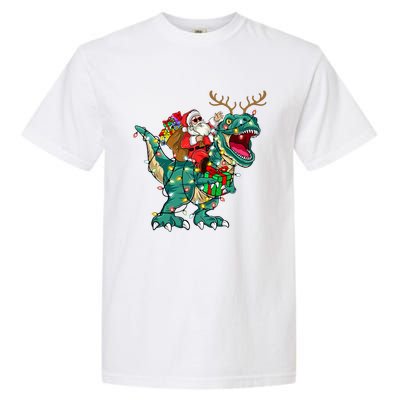 Santa Riding Dinosaur T rex Deer  Christmas Garment-Dyed Heavyweight T-Shirt