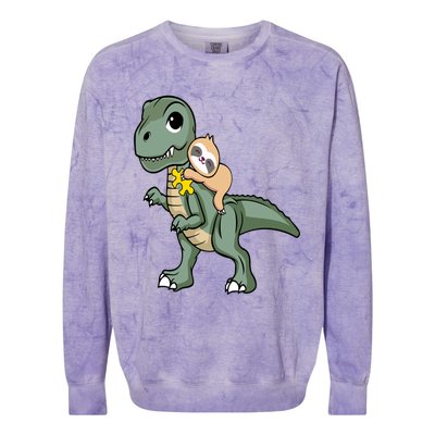 Sloth Riding Dinosaur Autism Awareness Cute Trex Puzzle Great Gift Colorblast Crewneck Sweatshirt