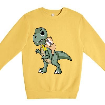 Sloth Riding Dinosaur Autism Awareness Cute Trex Puzzle Great Gift Premium Crewneck Sweatshirt