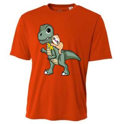 Sloth Riding Dinosaur Autism Awareness Cute Trex Puzzle Great Gift Cooling Performance Crew T-Shirt