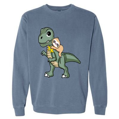 Sloth Riding Dinosaur Autism Awareness Cute Trex Puzzle Great Gift Garment-Dyed Sweatshirt