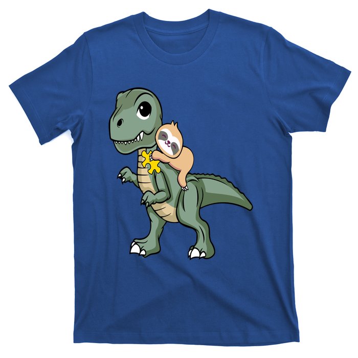 Sloth Riding Dinosaur Autism Awareness Cute Trex Puzzle Great Gift T-Shirt