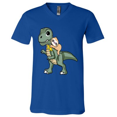 Sloth Riding Dinosaur Autism Awareness Cute Trex Puzzle Great Gift V-Neck T-Shirt