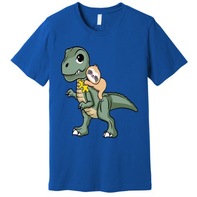 Sloth Riding Dinosaur Autism Awareness Cute Trex Puzzle Great Gift Premium T-Shirt