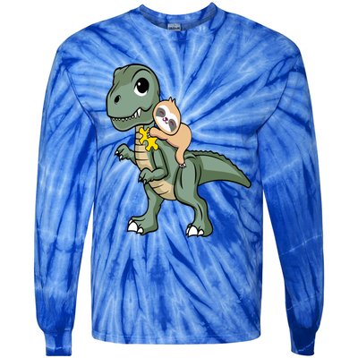 Sloth Riding Dinosaur Autism Awareness Cute Trex Puzzle Great Gift Tie-Dye Long Sleeve Shirt