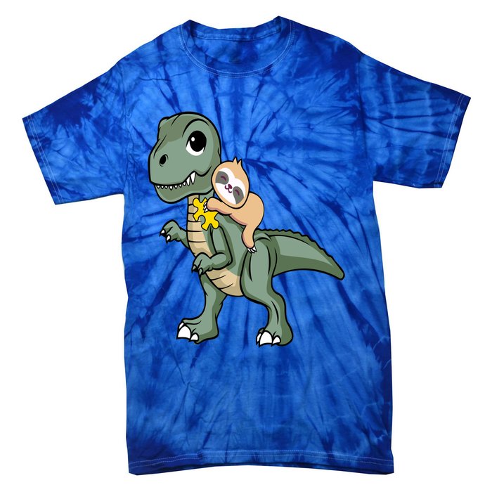 Sloth Riding Dinosaur Autism Awareness Cute Trex Puzzle Great Gift Tie-Dye T-Shirt