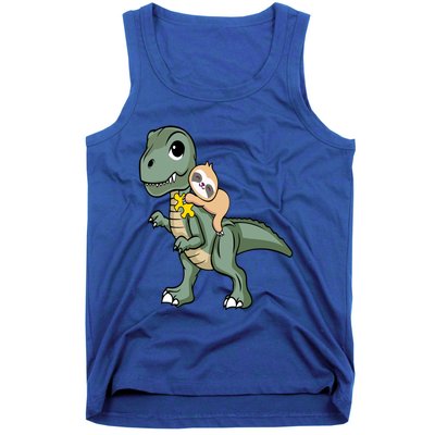 Sloth Riding Dinosaur Autism Awareness Cute Trex Puzzle Great Gift Tank Top