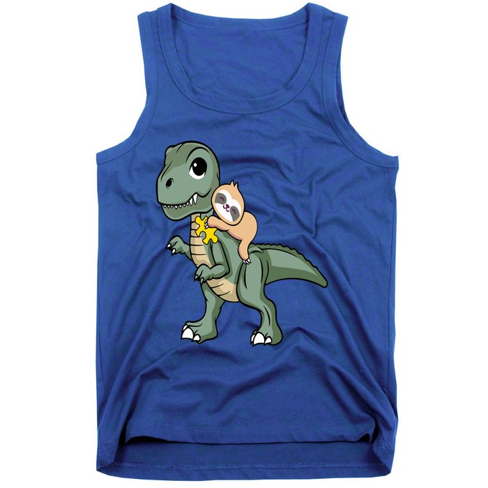 Sloth Riding Dinosaur Autism Awareness Cute Trex Puzzle Great Gift Tank Top