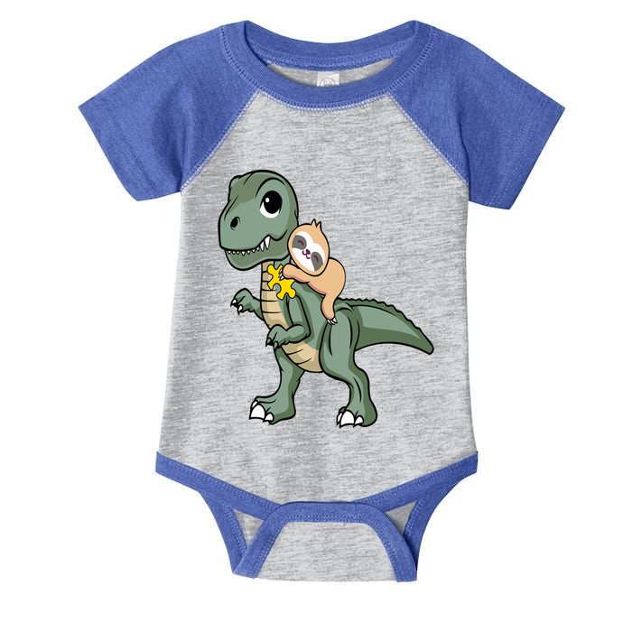 Sloth Riding Dinosaur Autism Awareness Cute Trex Puzzle Great Gift Infant Baby Jersey Bodysuit