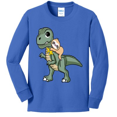 Sloth Riding Dinosaur Autism Awareness Cute Trex Puzzle Great Gift Kids Long Sleeve Shirt