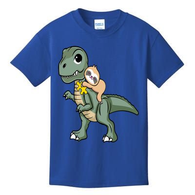 Sloth Riding Dinosaur Autism Awareness Cute Trex Puzzle Great Gift Kids T-Shirt