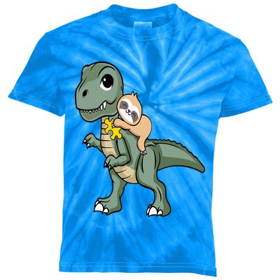 Sloth Riding Dinosaur Autism Awareness Cute Trex Puzzle Great Gift Kids Tie-Dye T-Shirt