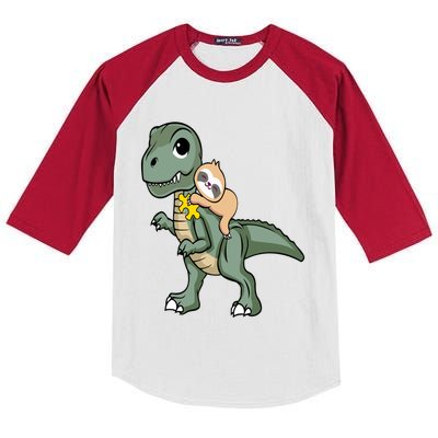 Sloth Riding Dinosaur Autism Awareness Cute Trex Puzzle Great Gift Kids Colorblock Raglan Jersey