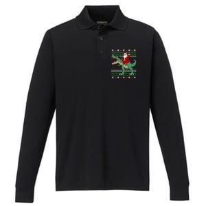 Santa Riding Dino Funny Christmas Ugly Sweater Gift Performance Long Sleeve Polo