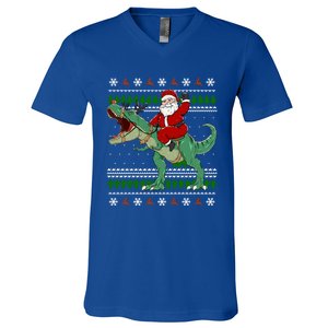 Santa Riding Dino Funny Christmas Ugly Sweater Gift V-Neck T-Shirt