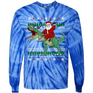 Santa Riding Dino Funny Christmas Ugly Sweater Gift Tie-Dye Long Sleeve Shirt