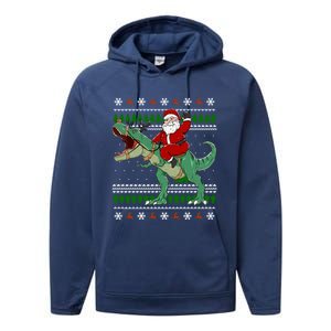 Santa Riding Dino Funny Christmas Ugly Sweater Gift Performance Fleece Hoodie