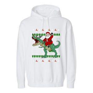 Santa Riding Dino Funny Christmas Ugly Sweater Gift Garment-Dyed Fleece Hoodie