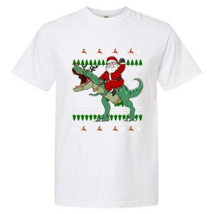 Santa Riding Dino Funny Christmas Ugly Sweater Gift Garment-Dyed Heavyweight T-Shirt