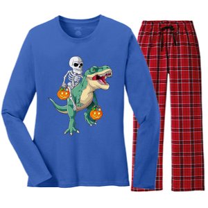 Skeleton Riding Dinosaur T Rex Halloween Funny Pumpkin Gift Women's Long Sleeve Flannel Pajama Set 