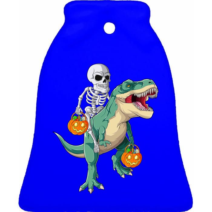 Skeleton Riding Dinosaur T Rex Halloween Funny Pumpkin Gift Ceramic Bell Ornament