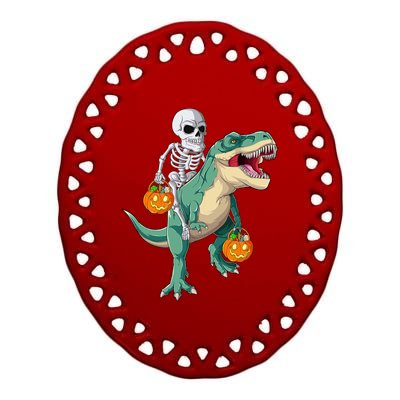 Skeleton Riding Dinosaur T Rex Halloween Funny Pumpkin Gift Ceramic Oval Ornament