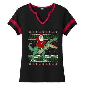 Santa Riding Dino Funny Christmas Ugly Sweater Gift Ladies Halftime Notch Neck Tee