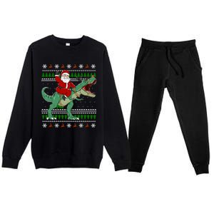 Santa Riding Dino Funny Christmas Ugly Sweater Gift Premium Crewneck Sweatsuit Set