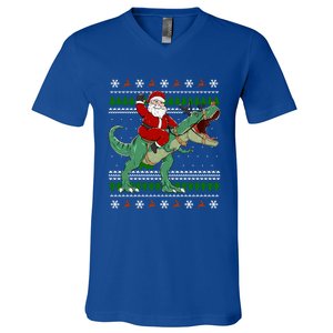 Santa Riding Dino Funny Christmas Ugly Sweater Gift V-Neck T-Shirt