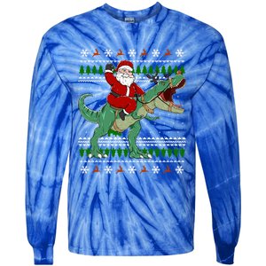 Santa Riding Dino Funny Christmas Ugly Sweater Gift Tie-Dye Long Sleeve Shirt