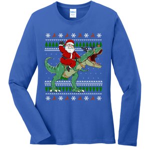 Santa Riding Dino Funny Christmas Ugly Sweater Gift Ladies Long Sleeve Shirt