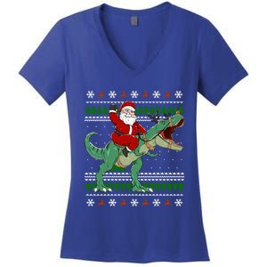 Santa Riding Dino Funny Christmas Ugly Sweater Gift Women's V-Neck T-Shirt