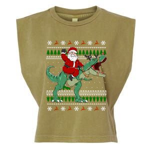 Santa Riding Dino Funny Christmas Ugly Sweater Gift Garment-Dyed Women's Muscle Tee