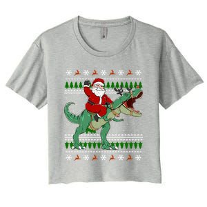 Santa Riding Dino Funny Christmas Ugly Sweater Gift Women's Crop Top Tee