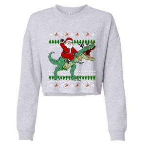 Santa Riding Dino Funny Christmas Ugly Sweater Gift Cropped Pullover Crew