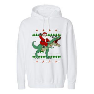 Santa Riding Dino Funny Christmas Ugly Sweater Gift Garment-Dyed Fleece Hoodie