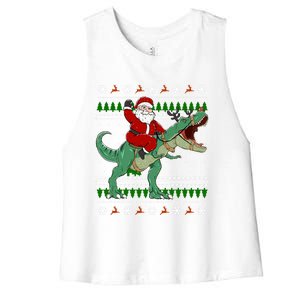 Santa Riding Dino Funny Christmas Ugly Sweater Gift Women's Racerback Cropped Tank