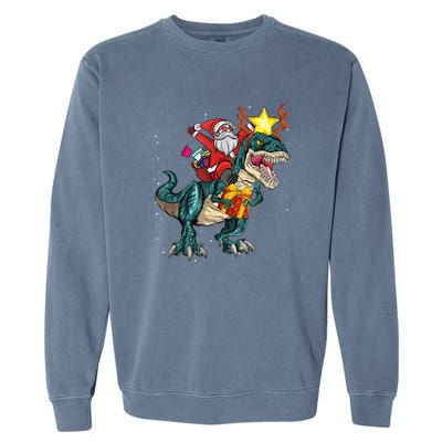 Santa Riding Dinosaur T Rex Christmas Party Xmas Cool Gift Garment-Dyed Sweatshirt