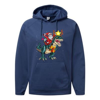 Santa Riding Dinosaur T Rex Christmas Party Xmas Cool Gift Performance Fleece Hoodie