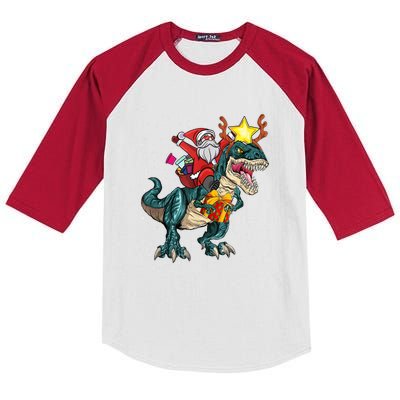 Santa Riding Dinosaur T Rex Christmas Party Xmas Cool Gift Kids Colorblock Raglan Jersey