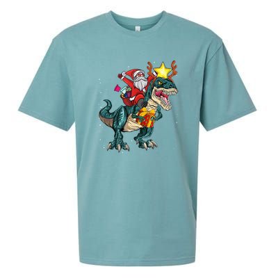 Santa Riding Dinosaur T Rex Christmas Party Xmas Cool Gift Sueded Cloud Jersey T-Shirt