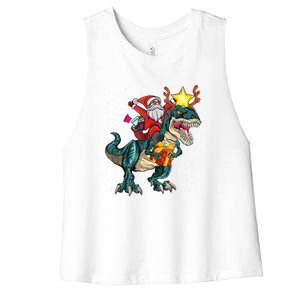 Santa Riding Dinosaur T Rex Christmas Party Xmas Cool Gift Women's Racerback Cropped Tank