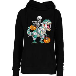 Skeleton Riding Dinosaur T Rex Funny Kids Halloween Womens Funnel Neck Pullover Hood