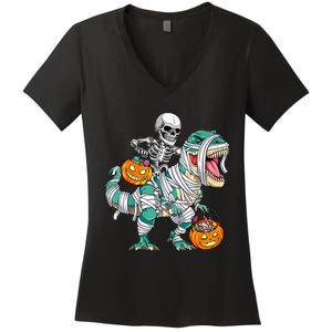 Skeleton Riding Dinosaur T Rex Funny Kids Halloween Women's V-Neck T-Shirt