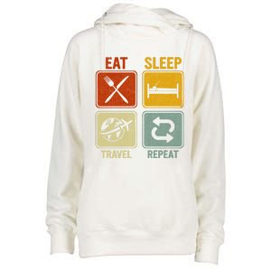 Sarcastic Retro Design For Traveler Eat Sleep Travel Repeat Gift Womens Funnel Neck Pullover Hood