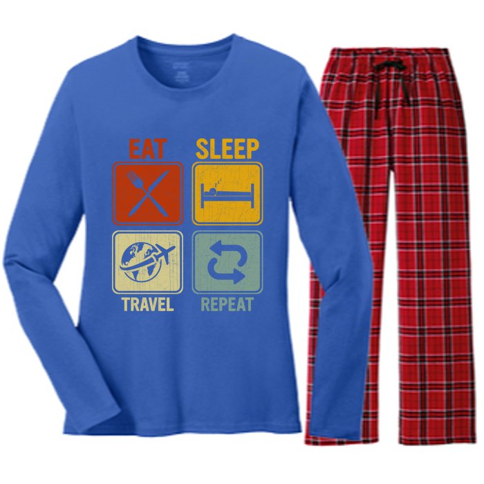 Sarcastic Retro Design For Traveler Eat Sleep Travel Repeat Gift Women's Long Sleeve Flannel Pajama Set 