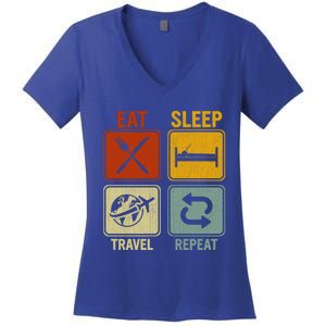 Sarcastic Retro Design For Traveler Eat Sleep Travel Repeat Gift Women's V-Neck T-Shirt