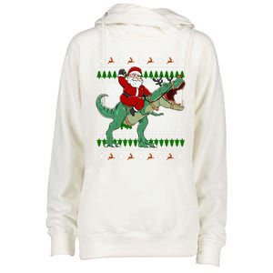 Santa Riding Dino Funny Christmas Ugly Gift Womens Funnel Neck Pullover Hood