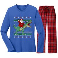 Santa Riding Dino Funny Christmas Ugly Gift Women's Long Sleeve Flannel Pajama Set 